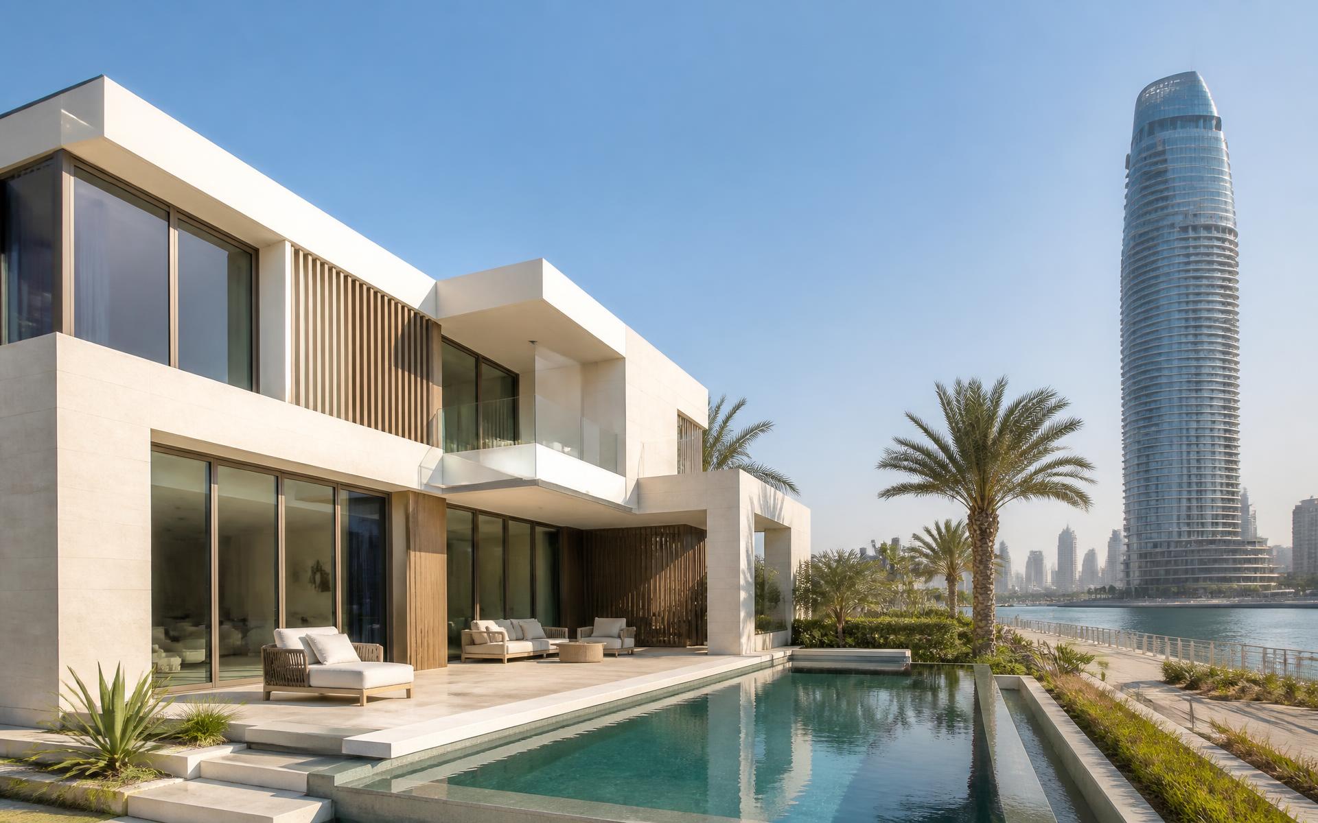 Contemporary UAE waterfront villa in warm daylight